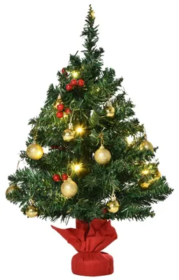 Obrázek produktu pro Vánoční Stromeček Malý, Mini Vánoční Stromek S Cesmínou, Koulemi A Led Světly Na Stůl Zelené Pvc 40 X 60 Cm