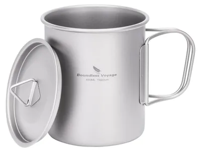 Produktbild von Titan-Tasse mit Deckel 300ml Grau für Outdoor, Wandern, Camping, Klappgriff, Energiekonzentrationsring