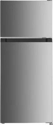 A front view of a silver refrigerator-freezer combination.