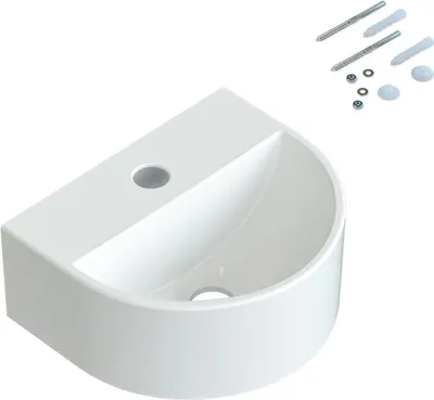 Produktbild von AQUALAVOS Waschbecken Handwaschbecken weiß halbrund klein Badezimmer Gäste wc wandhängend mit Hahnloch BxTxH: 30x25,5x12,5 cm ohne Unterschrank und Überlauf Eckwaschbecken