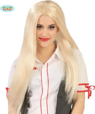 A woman wearing a blonde wig and a white shirt with red trim.