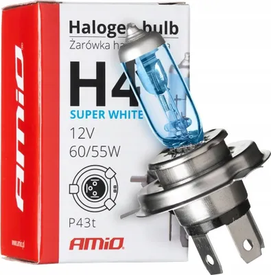 Zdjęcie produktu dla Żarówka halogenowa H4 12V 60/55W filtr UV (E8) Super White AMIO-01269