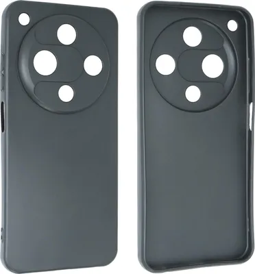 Two views of a dark gray phone case with a circular camera cutout.