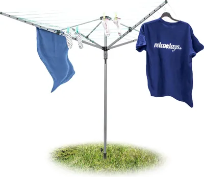 Obrázok produktu pre Sušiak na bielizeň Relaxdays 49 m, VxŠxH: 184x242x242 cm, odolná šnúra, stabilná konštrukcia s kolíkom do zeme, do záhrady, strieborný