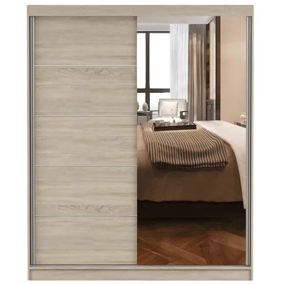 Produktbild von Schwebetürenschrank Kleiderschrank Bono 05, 160 cm, Sonoma/Sonoma mit Spiegel
