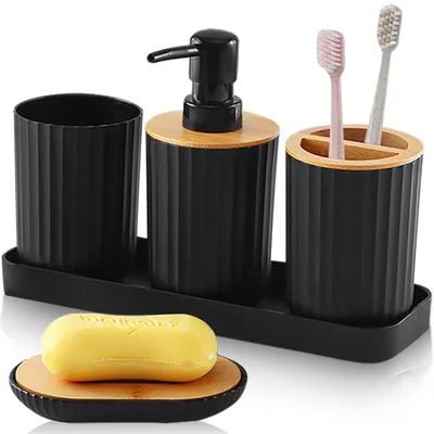 Productafbeelding van Badkameraccessoireset, 5-delig, zwart, kunststof, bestaande uit: zeepdispenser, tandenborstelhouders, beker en zeepbakje
