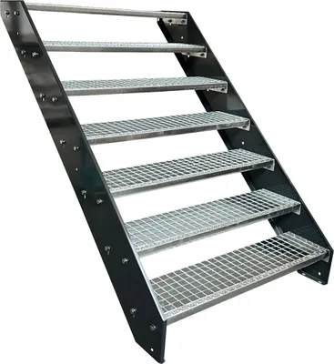 A product shot of a metal staircase against a white background.