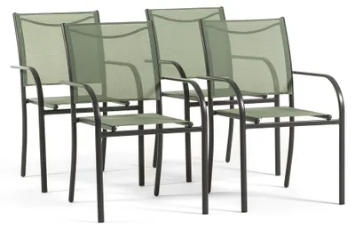 Immagine prodotto di Set da 4 sedie da giardino impilabili con braccioli in acciaio e 2x1 Textilene per terrazze, balconi, verande, bar e ristoranti, salvaspazio e resistenti alle intemperie per uso esterno – Elena/Verde