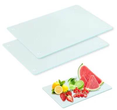Image de Planche à découper en verre, lot de 2, plateau en verre transparent avec pieds antidérapants en silicone, planches à découper en verre pour la cuisine, planche à découper en verre pour les légumes et la viande (28 x 20 cm)