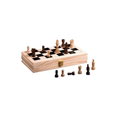 A wooden folding chess set with pieces arranged on the board and some pieces scattered around it.