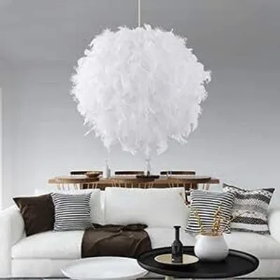 Produktbild von Feather Pendelleuchte Schirm für Decken Flauschige Lampe Romantische Droplight Lampenschirm mit E27 Birne Moderne Feder Deckenleuchte 30cm