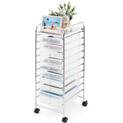 Produktbild von COSTWAY Rollcontainer Rollwagen mit Schubladen Badrollwagen Badtrolley Badregal Beistellwagen mit 10 stapelbaren Schubladen Metallgestell Transparent