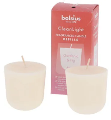 Image de Recharge Bolsius Clean Light Gardenia & Figue, 2 bougies, 20 heures de combustion, lot de 6 unités