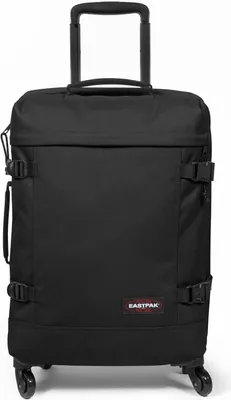 A black Eastpak Trans4 S suitcase with wheels and a retractable handle, shown from the front against a white background.