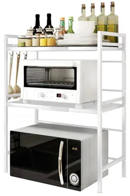 Produktbild von Mikrowellenregal - Verstellbares 2-stöckiges Küchenregal - Ausziehbar 40–64 cm - Edelstahl - Mit 6 Haken - Größe L - Weiß