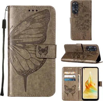 Produktbild von Lederhülle für OPPO Reno8 T 4G Schmetterling Prägung Flip Ledertasche Kartenfächer Handyhülle mit Ständer Grau