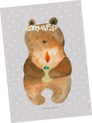 Produktbild von Mr. & Mrs. Panda Postkarte Bär Kommunion - Grau Pastell - Geschenk, Fotokarte, Teddy, bildkarte, Grußkarte, Katholisch, Gottes Segen, Taufkerze, Ansichtskarten