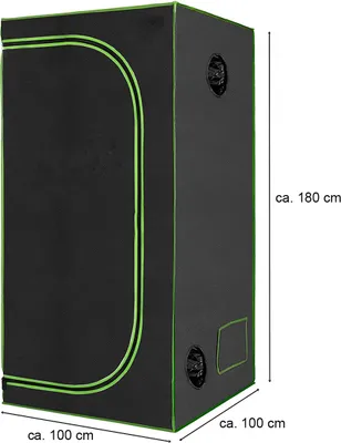 A black grow tent with green trim, showing dimensions.