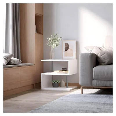 Produktbild von Beistelltisch mit 3 Regalen, Sofatisch, Kaffeetisch, Wohnzimmertisch, modernes Design, Spanplatte, Metall, Weiß, 50 x 50 x 50 cm