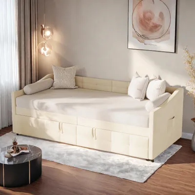 Obrázek produktu pro UnboxG Rozkládací pohovka krémová z velvetu, rozkládací, pohovka a postel 2 v 1, s boční kapsou, 90×200 cm