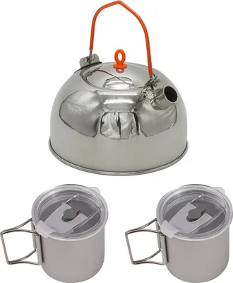 Produktbild von Camping-Teekessel, Camping-Wasserkocher aus Edelstahl mit 2 300-ml-Tassen, geeignet für Outdoor-Camping-Kochgeschirr