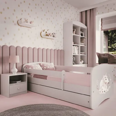 Produktbild von Kinderbett 180x80 mit Matratze, Rausfallschutz, Lattenrost & Schublade in weiß 80 x 180 Mädchen Bett rosa Pferd