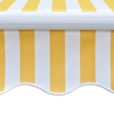 A close-up view of a yellow and white striped awning.