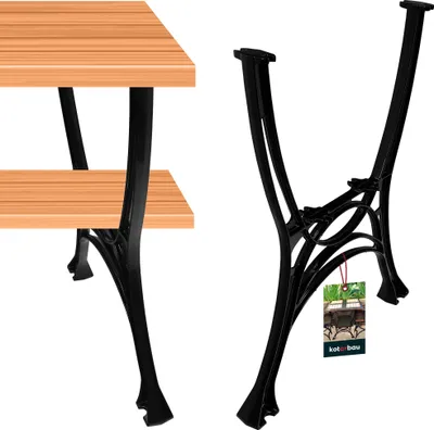 A product image showing two black metal table legs, one attached to a wooden table with two shelves, and the other standing alone with a product tag.