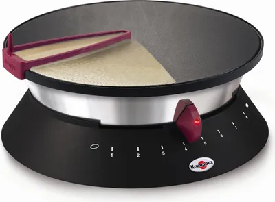 A close-up studio shot of a black electric crepe maker with a silver band and a red control knob.