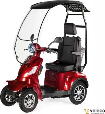 Image de Veleco Faster scooter pour personnes âgées avec toit et siège capitaine - pare-brise - dossier haut - 4 roues électriques - scooter de mobilité -1000W (Rouge)