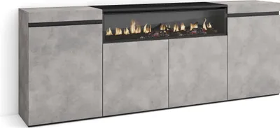 A modern sideboard with a built-in electric fireplace.