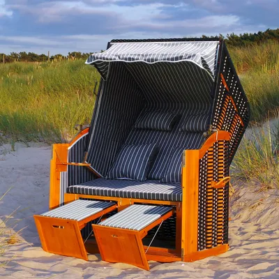 Produktbild von LED Strandkorb XXL inkl. Abdeckcover Luxus Volllieger Gartenliege Ostsee + 4 Kissen, Klapptische, Zeitungsfächer - grau/weiß - Nadelstreifen