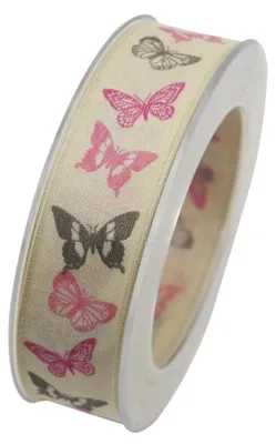 Produktbild von Schleifenband mit Drahtkante SCHMETTERLINGE rosa 20m Rolle Goldina