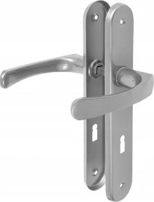 A silver door handle set with a keyhole.