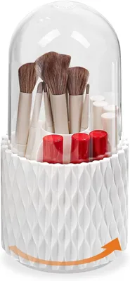 Produktbild von Kosmetik-Organizer mit Deckel, 360° drehbarem Pinselhalter, Kosmetikaufbewahrung mit 5 Fächern, Make-up-Pinsel-Organizer für Lidschattenpinsel, Lippenstift und andere Accessoires.