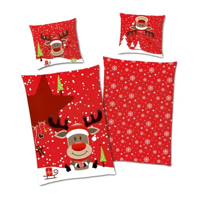 Produktbild von Bettwäsche Weihnachten Rot Weiß mit Rentier Motiv 135x200 80x80 cm - Weiches Fleece mit Reißverschluss - Maschinenwaschbar,