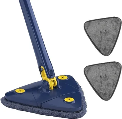 A blue triangular mop with yellow accents and two gray microfiber cloths are shown against a white background.
