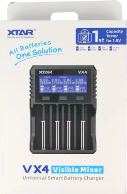 Zdjęcie produktu dla Ładowarka Xtar VX4, ładuje akumulatory litowo-jonowe 1,5 V, 3,7 V, LiFePO4 3,2 V i NiMH 1,2 V, bez zasilacza sieciowego
