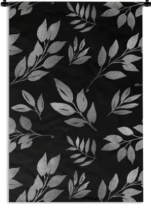 Produktbild von MuchoWow® Wandteppich Wandbehang Muster von Zweigen mit Blättern auf schwarzem Hintergrund - schwarz und weiß 120x180 cm Tapisserie Dekoration Wandtuch - Schlafzimmer - Dekorationen für das Haus