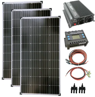 Produktbild von Solar Set 12V 3x130 Watt Solarpanel Kabel Wechselrichter 1500W Solaranlage 30A PV