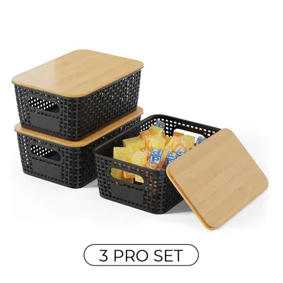 Produktbild von Aufbewahrungsboxen, 3er Set, 5L Kunststoff Aufbewahrungskorb mit Bambusdeckel für Küche, Schrank, Regal & Zuhause, Schwarz