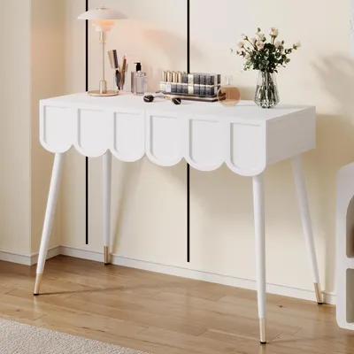Immagine prodotto di Flieks, scrivania con 2 cassetti, cassettiera per il trucco con gambe in metallo, tavolo per il soggiorno 100x40x76cm, bianco