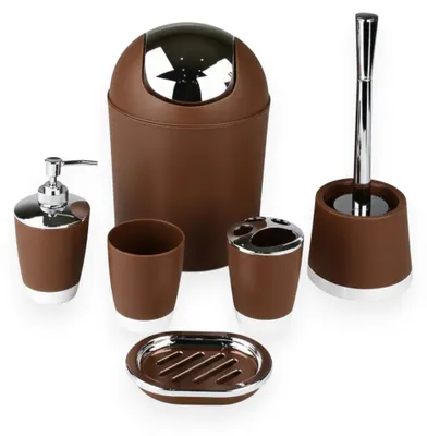 Produktbild von 6tlg Badset Badezimmer Zubehör Set Organizer: (Braun Design 1) Seifenspender, Zahnputzbecher, Kosmetikeimer, WC Bürste, Seifenschale, Mülleimer