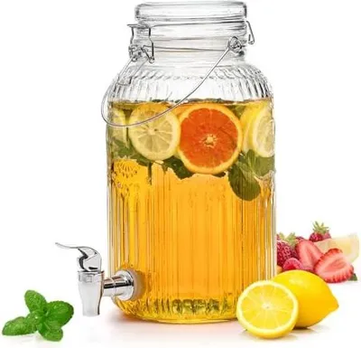 Produktbild von Kingrol Getränkespender aus Glas mit Deckel und Zapfhahn - breite Öffnung, auslaufsicherer Saftkrug - Vintage-Getränkespender für Party, Hochzeit, Picknick