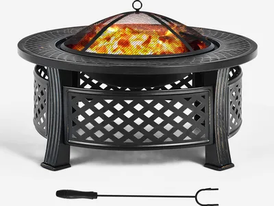 Obrázok produktu pre COSTWAY 81 cm set na ohnisko, 3 v 1, okrúhly horák na drevo s povrchom odolným voči vysokým teplotám, vonkajšie ohnisko s grilom, roštom na drevo, pohrabáčom, krytom proti dažďu, vhodné na záhradnú terasu, kempovanie, piknik