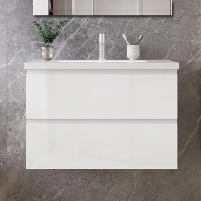 Produktbild von 80 cm Badmöbel-Set Unterschrank mit Mineralguss waschtisch 2 Schubladen soft-close Hochglanz Weiß Selbstmontierter