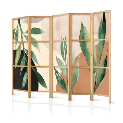 Produktbild von Paravent XXL 225x171 cm 5-teilig einseitig eleganter Sichtschutz Raumteiler Trennwand Raumtrenner Holz Design Motiv Deko Home Office  Blätter Botanik Abstrakt Natur b-A-0885-bh-c