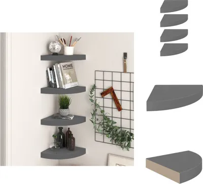Image de vidaXL Étagères suspendues d'angle 4 pcs. Gris brillant 25x25x3,8 cm MDF - Étagères murales