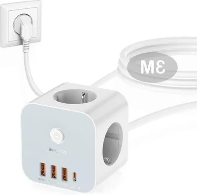 Obrázok produktu pre USB rozbočovač 7 v 1 s 3 zásuvkami, 1x USB-C a 3x USB-A, rýchle nabíjanie PD 20 W, 3 m kábel