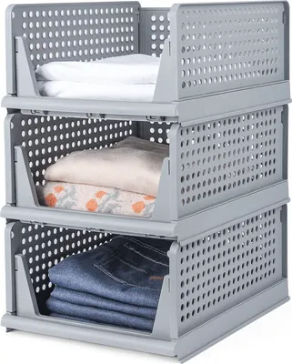Produktbild von Yorbay Schubladenbox, 3er Set, Stapelbare Kleiderschrank Organizer, Regal Aufbewahrungsbox, für Kleidung Küchen Schlafzimmer (Grau, Groß: 43 x 33 x 19 cm)